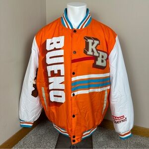 Kinder Bueno Orange and White Varsity Jacket